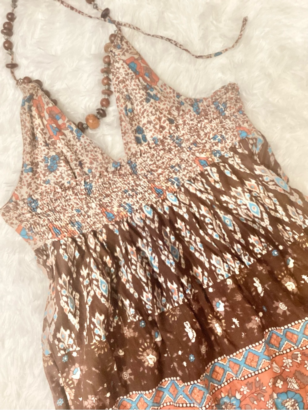 NWOT ANGIE Brown Floral Halter Boho Top with Blue & Rust Accents - Picture 3 of 4